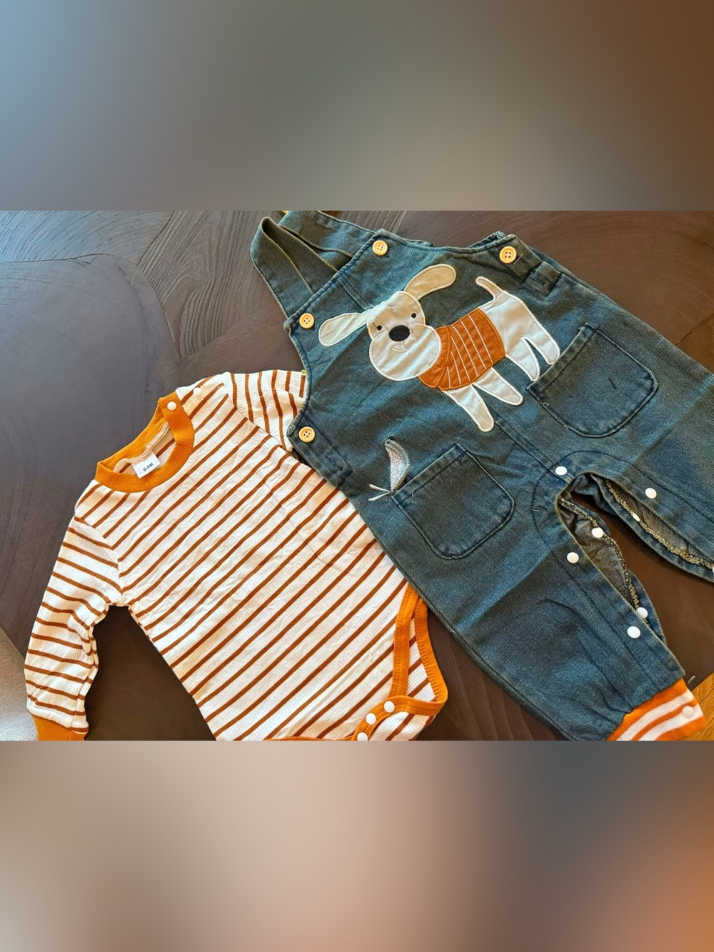Brand New Orange & White Bodysuit with Dog Applique Overalls 6-9 month